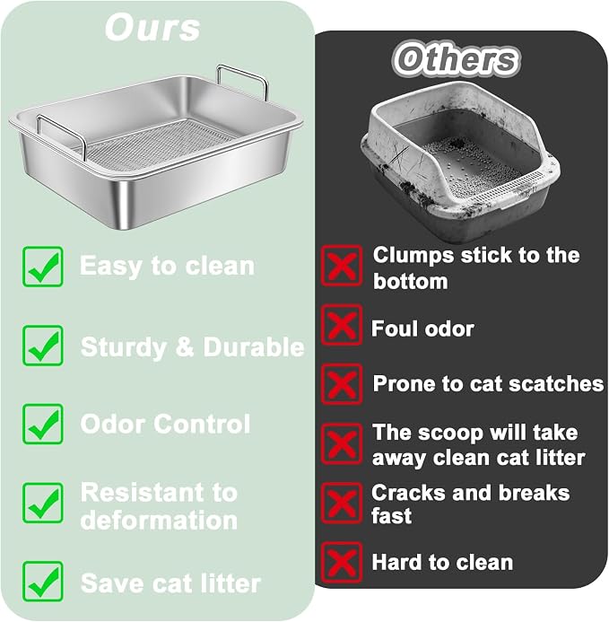 Stainless Steel Sifting Cat Litter Box for Clumping Clay Litter,Large Metal Litter Box with Litter Bag,Sifting Tray and Handle for Easy Lifting, Odor Control (17.7"x13.7"x5.9")