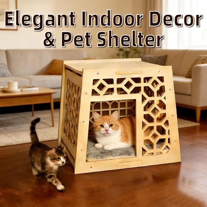 Indoor Solid Wood Cat House, Handcrafted Vintage Carved Hollow Design, Natural Wood Finish, Easy Assembly & Cleaning, Elegant Pet Shelter for Feline Friends