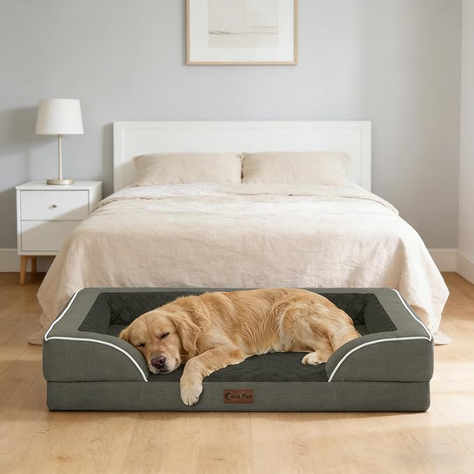 Orthopedic Dog Beds for Medium Sized Dogs 35x22 Inch, Medium Waterproof Memory Foam Dog Sofa Bed with Removable Washable Cover Pet Couch with Bolster, Dark Green