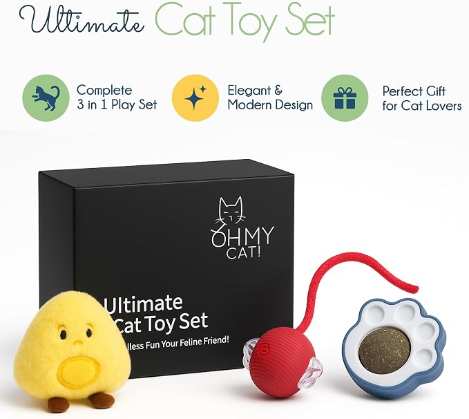 Oh My Cat! Interactive cat Toys – Automatic Electric self-Play Toy Pack Supplies for Bored Indoor Cats, Kittens, and Adult Pets; Moving Stimulation Games, Cute Catnip Ball, Funny Exercise Gift