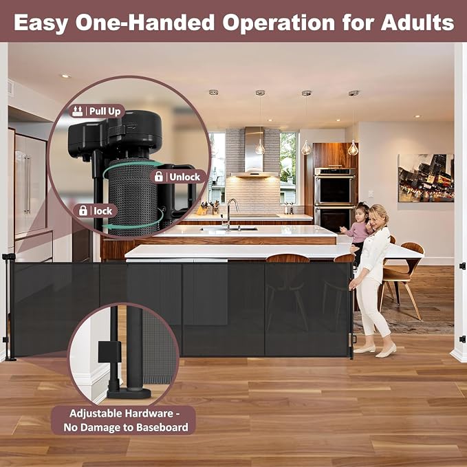 Reinforced 41" Tall × 150" Extra Long Retractable Baby Gate with Support Rods, Indoor Dog Gates for The House Extra Wide Retractable Gate Outdoor Retractable Dog Gate Tall Baby Gates for Dogs, Black