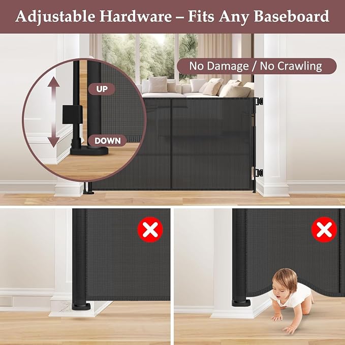 Reinforced 41 Inch Extra Tall Baby Gate 55" Wide Retractable Dog Gate with Support Rods – Prevents Crawling Under, Indoor Extra Tall Dog Gate Retractable Baby Gates Outdoor Retractable Gate, Black