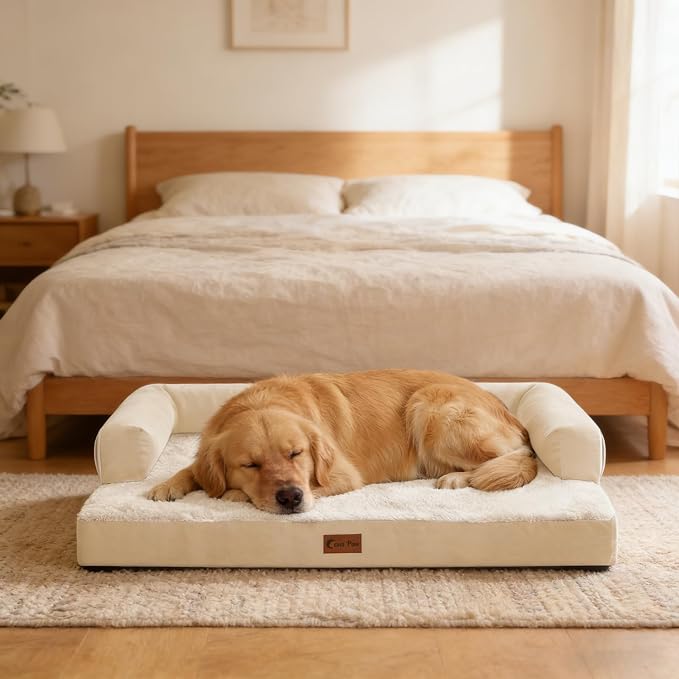 Orthopedic Dog Beds for Extra Large Dogs, Waterproof Egg Crate Foam XL Dog Bed with Sides 48x30Inch, Big Dogs Couch Beds with Removable Washable Cover and Nonskid Bottom, Beige