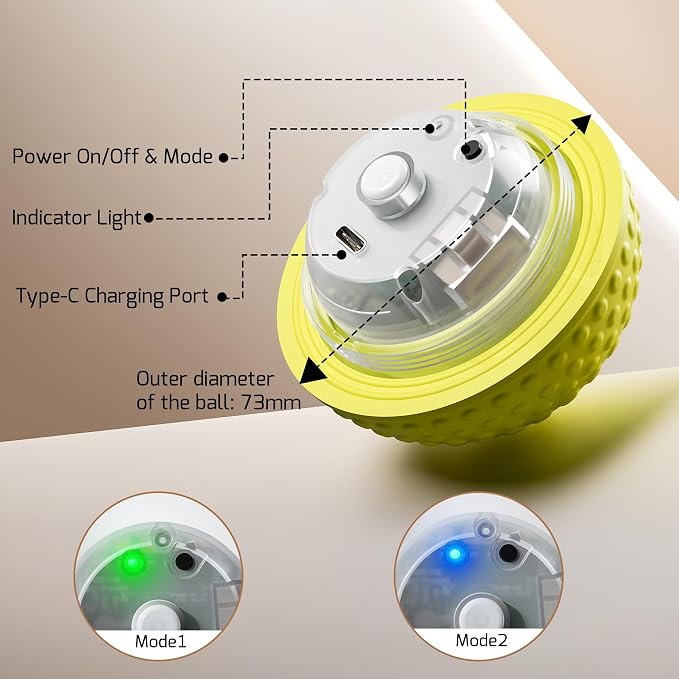 SNOYWEN Smart Interactive Dog Balls, Durable Food-Grade Rubber Material, Automatic Moving, Bouncing, Rotating Toy with Light for Medium, Large Dogs, IPX7 Waterproof (Yellow)