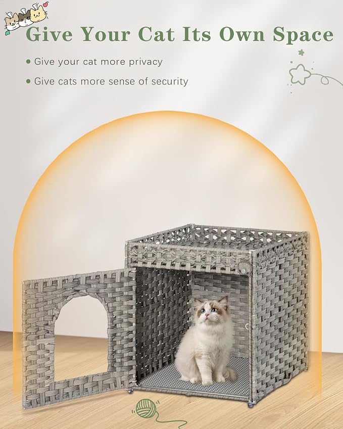 SETVSON Cat Litter Enclosure with Hidden Litter Mat and Rattan Cat House, Supports Two Litter Boxes, Ideal for Living Room or Bedroom (Gray)