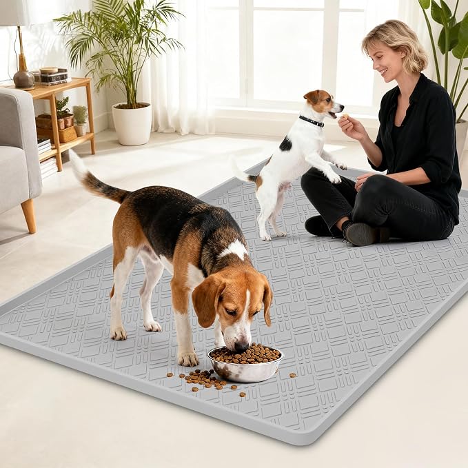 Dog Food Mat, 42" x29" Large Silicone Mat Dog Feeding Mat with Raised Edge Non-Slip Pet Feeding Mat for Food and Water Bowl, Easy to Clean, Floor Protection (Light Gray)