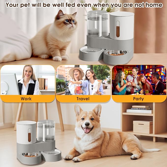 Automatic Gravity Cat Dog Feeder and Water Dispenser with 304 Stainless Steel Bowls 2 in 1 360 Degree Rotatable Auto 2.4L Dry Food and 2.6L Water Bowl for Small Medium Pet Dog Puppy Kitten (Gray)