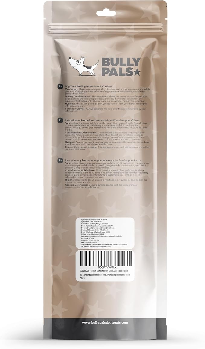 12 inch Standard Bully Sticks for Dogs - 10 Pack - 100% Natural, Single Ingredient, Easily Digestible, All Beef Dog Treats and Rawhide Free Dental Chew Bones for Dogs