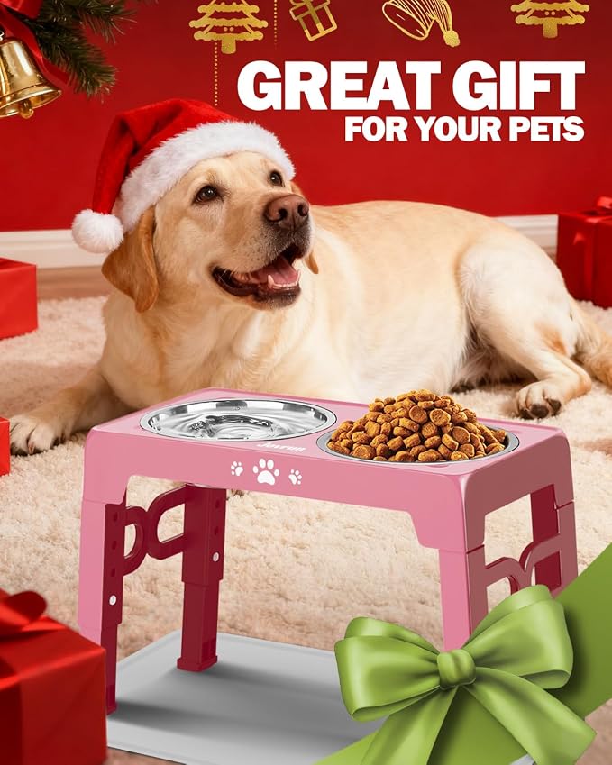 Jovrun Elevated Dog Bowls for Medium Large Dogs with Mat, Non-Slip Dog Feeder with 1*Stainless Steel Dishes & 1*Slow Feeder Bowl, 5 Heights Adjustable Raised Bowls for 3.15″-8.66″-9.84″-11.02″-12.2″