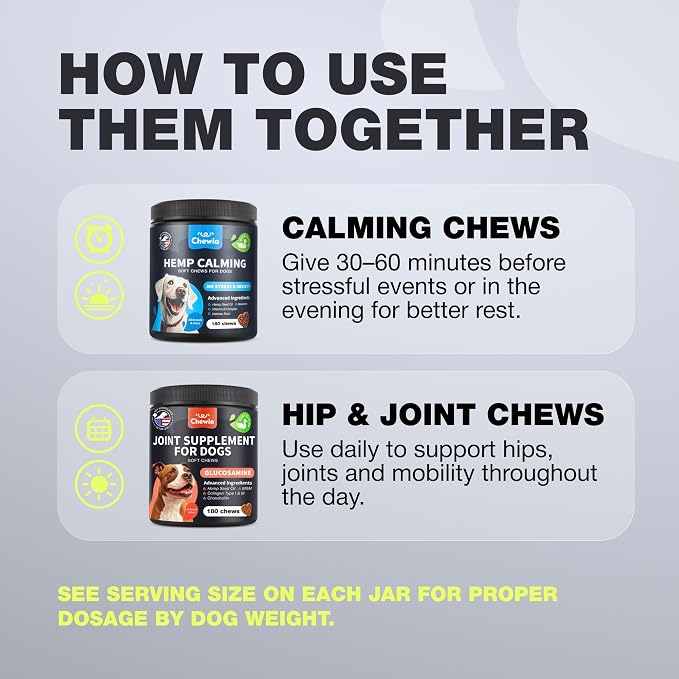 Calming & Hip Joint Support Chews for Dogs – Glucosamine Bundle for Senior & Active Dogs, Helps Maintain Calm Demeanor, Hip & Joint Comfort