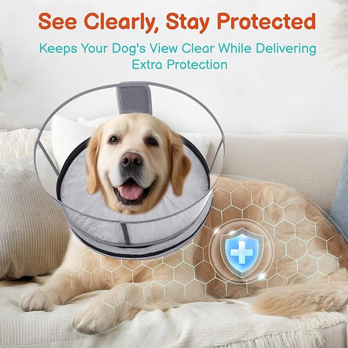 Sponge Dog Cone After Surgery, No Inflation Required Dog Donut Collar to Stop Licking, Inflatable Cone Alternatives for Medium Pets, Soft Recovery Collar with Protective Shield (Grey, M)
