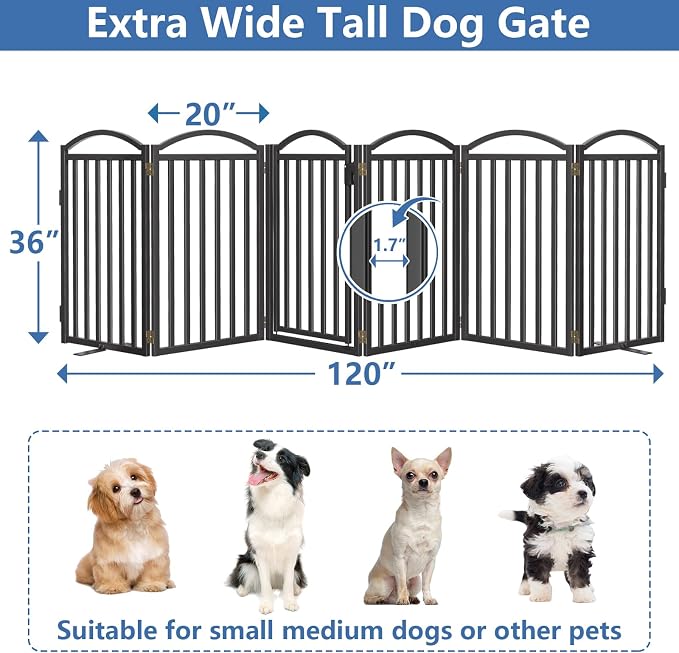 Malier Metal Freestanding Dog Gates with Door, 36'' Height Outdoor Indoor Dog Fences, Extra Wide Foldable Puppy Gate for Stairs (Black, 【6 Panels with Door】 120''W × 36''H)