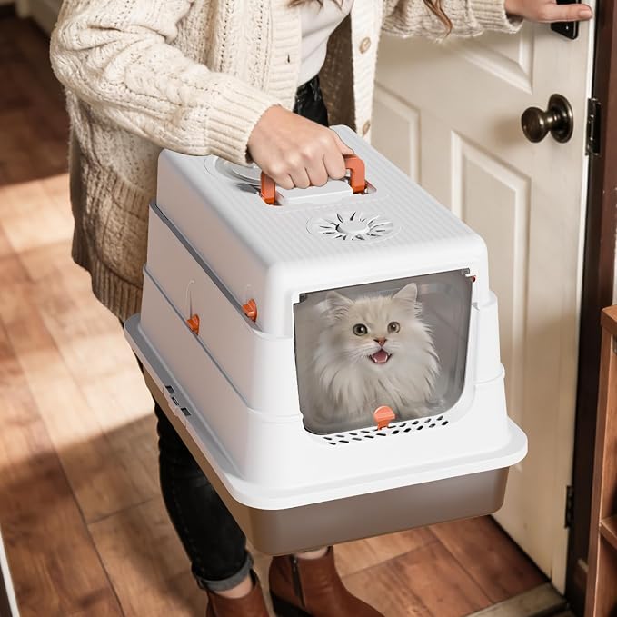 Stainless Steel Cat Litter Box with Lid, Enclosed Extra Large Metal Litter Pan for Big Cats, Full Flip Cover High Sided LitterBox Include Scoop, Easy Cleaning, Non-Stick, White