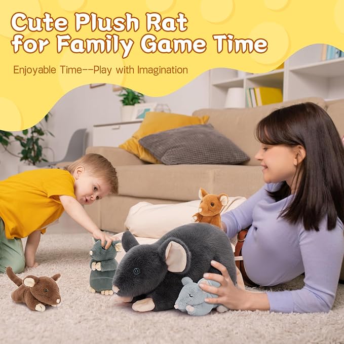 Tezituor 5Pcs Rat Stuffed Animal Set, 24 Inches Large Stuffed Mommy Rat with 4 Baby Rats Inside, Realistic Mouse Family Plush Toy for Kids Christmas Halloween Decoration