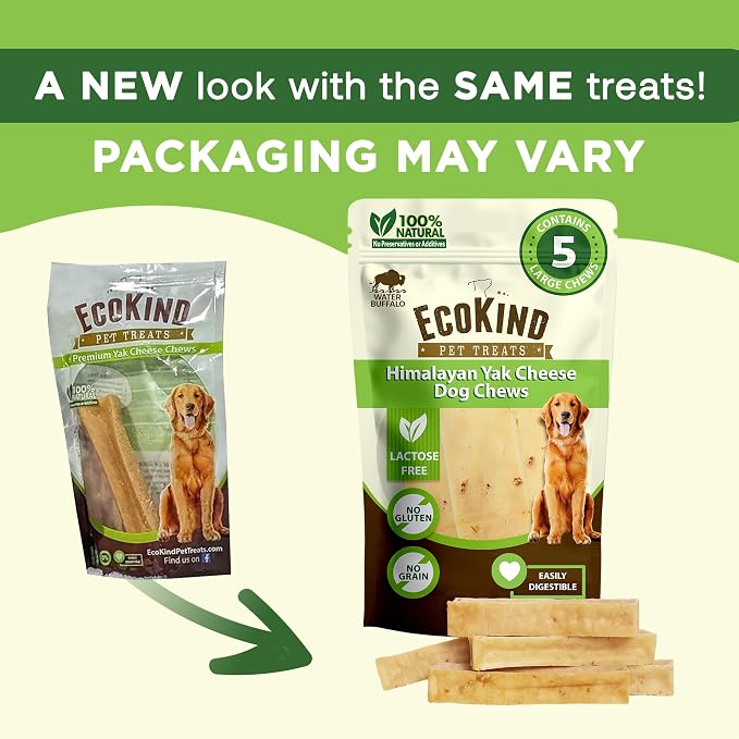 EcoKind Yak Cheese Himalayan Dog Chews, Yak Chews for Large Dogs, Long Lasting Bone for Aggressive Chewers, Only 4 Ingredients, Natural High Protein Treat, No Additives, Water Buffalo, Large - 5 Chews