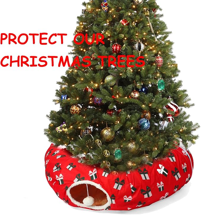 Cat Tunnel Bed Under Christmas Tree 3FT x 3FT x 9.8IN - Decorative Christmas Style with Box Patterns - Red Color Perfect for Festive Felines Small Animals