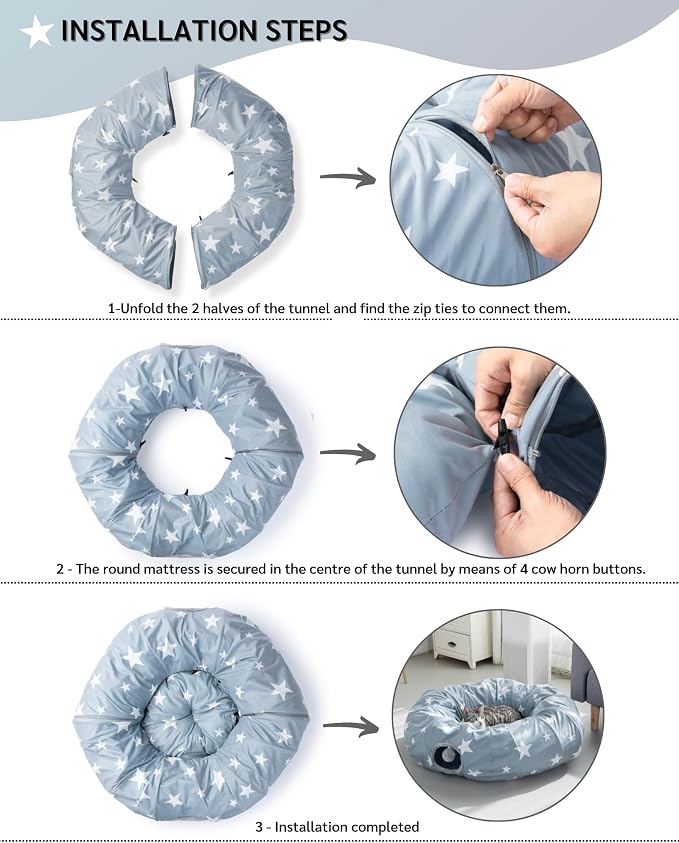 JanYoo Large Cat Tunnel Bed for Indoor Cats, Cat Cave Bed Donut Tunnel with Ball, Foldable Interactive Pet Cave Toys Tube for Indoor Cats Kitten Puppy Bunny, Grey