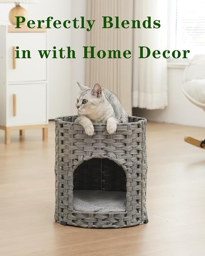 SETVSON Cat House for Indoor Cat, Small Cat Houses Handwoven PE Rattan Kitten Cave, Pet Kitten Bed Covered, One Bed Pad, 13 x 13 x 13.7 Inches, Foldable Hideaway in Living Room Gray