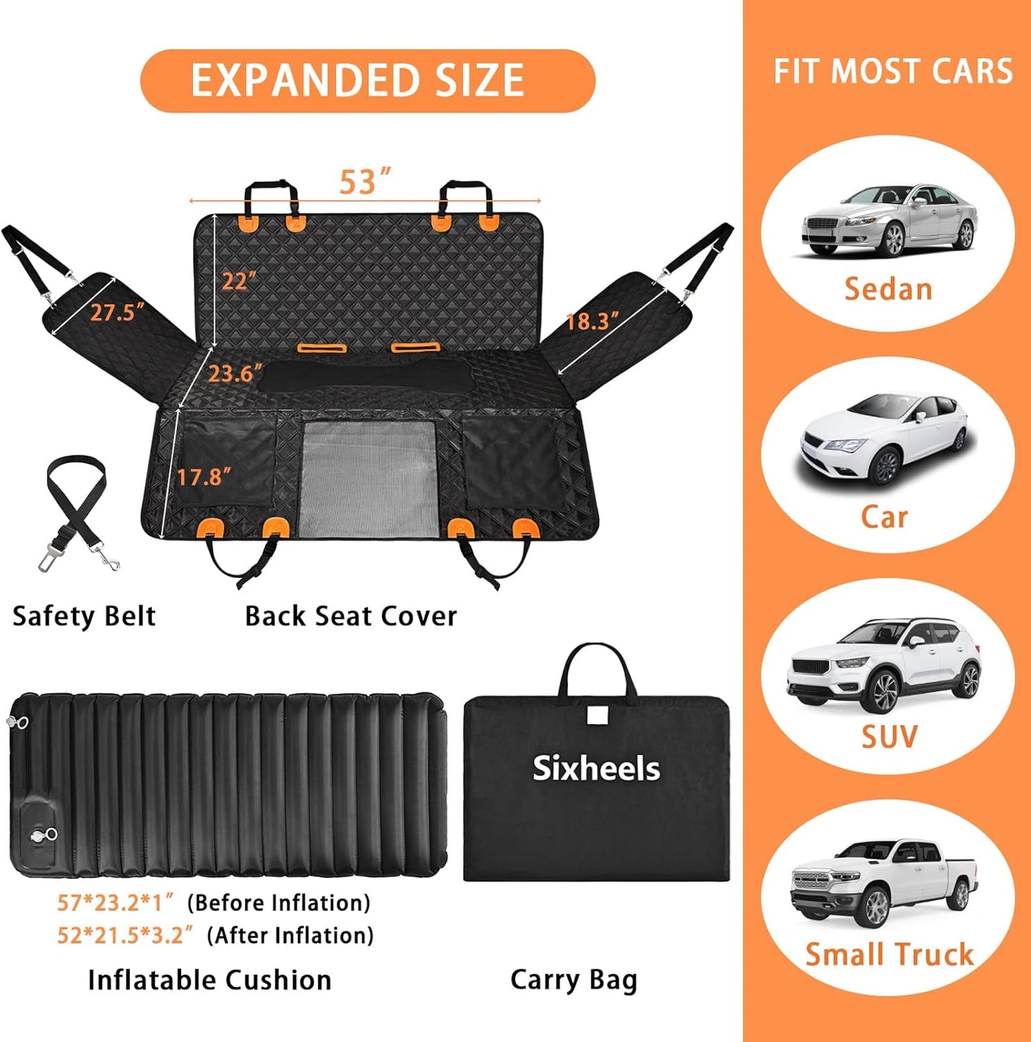 Car Back Seat Pet Cover for Dogs Back Seats Protector, Soft Inflatable Cushion Backseat Extender Comfortable Dog Hammock, Waterproof Dog Bed Rear Travel Accessories for Car,SUV,Truck