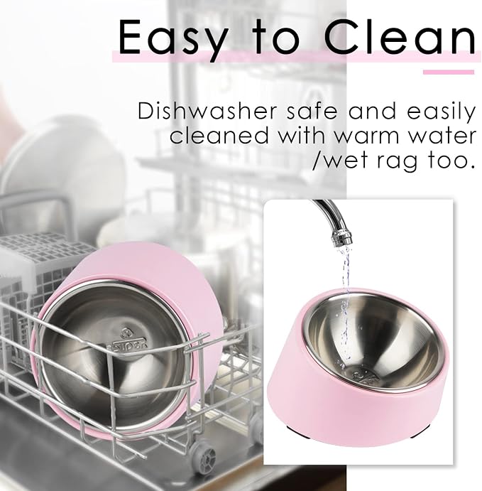SuperDesign Mess Free 15° Slanted Bowl for Dogs and Cats, Tilted Angle Bulldog Bowl Dog Feeder, Non-Skid & Non-Spill, Easier to Reach Food S/0.5 Cup Pink