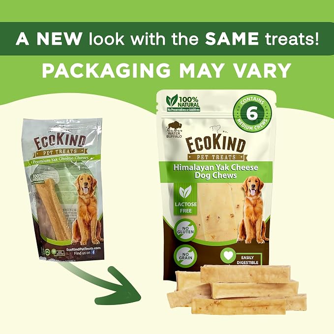 EcoKind Yak Cheese Himalayan Dog Chews, Yak Chews for Medium Dogs, Long Lasting Bone for Aggressive Chewers, 4 Ingredients, Natural High Protein Treats, No Additives, Water Buffalo, Medium - 6 Chews