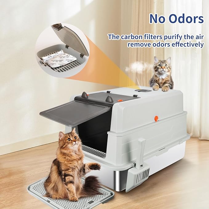 XXXL Stainless Steel Litter Box with Lid, Extra Large 28" L x 20" W x 17" H Enclosed Metal Cat Litter Box with Litter Scoop & Foot Pedal, Odor Control for Big Cats, Multiple Cats (Light Grey)