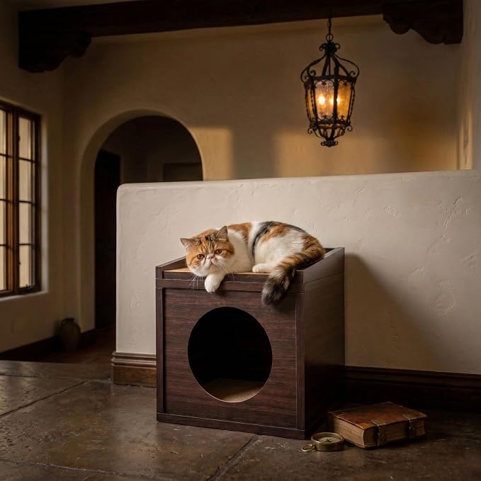 Meowdium Cat House for Indoor Cats – Cat Condo with 5X Longer-Lasting Cardboard Scratcher, 2 Scratcher Levels, Hideout & Top Lounge, Espresso