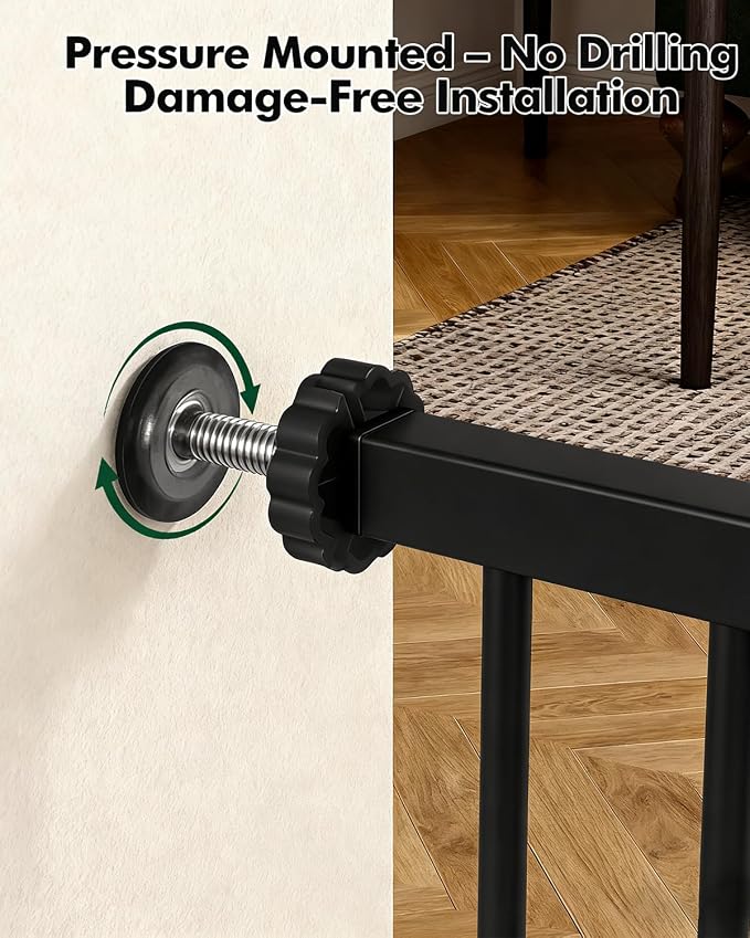 Pet Gate with Adjustable Cat Door, 31–46 Inch Pressure Mounted Dog Gate for Doorways, Stairs and Hallways, Auto Close Walk Through Metal Gate, No Drilling, Black