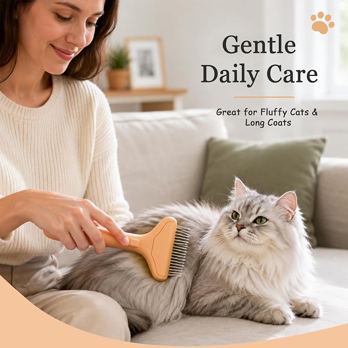 Dog Brush and Cat Deshedding Rake, Pet Grooming Tool for Shedding with Rounded Stainless Steel Teeth, Comfortable Grip for Long or Thick Coats (Style 2 Orange)
