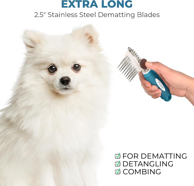Poodle Pet Bundle - Dematting Fur Rake Comb Brush Tool with Steel Safety Blades for Detangling Matted or Knotted Undercoat Hair + Dog Grooming Rake Brush with Stainless Steel Shedding Comb for Pets