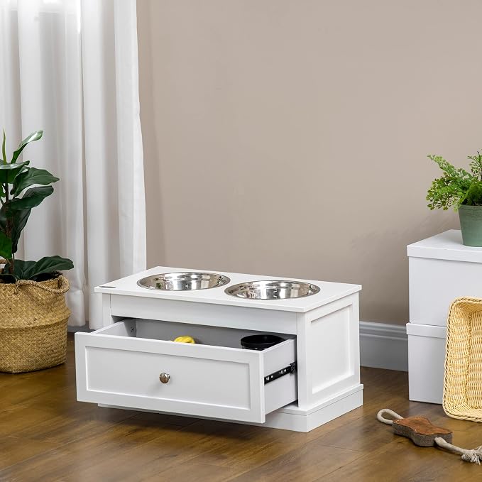 PawHut Large Elevated Dog Bowls with Storage Cabinet Containing Large 44L Capacity, Raised Dog Bowl Stand Pet Food Bowl Pet Feeding Station, Brown