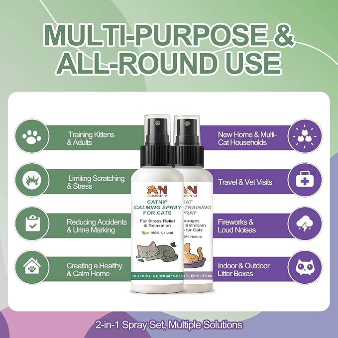 Cats Calming & Litter Training Spray Kit – 2-Pack 150ml Duo, Cat Training Spray with Catnip Calm & Cat Litter Attractant, Helps Stop Cats from Urinating in House, Safe Behavior Aid