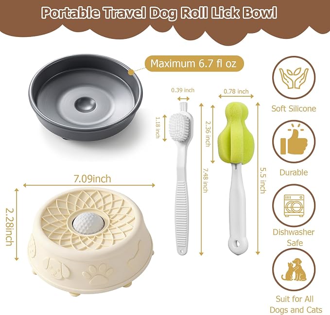 Dog Slow Feeder Lick Bowl with Rolling Ball for Liquid Treats, 2-in-1 Anti-Slip Silicone Dog Licking Bowl for Bone Broth with Suction Cup, Enrichment Lick Sphere Toy for Large Medium Dogs Cats (Beige)