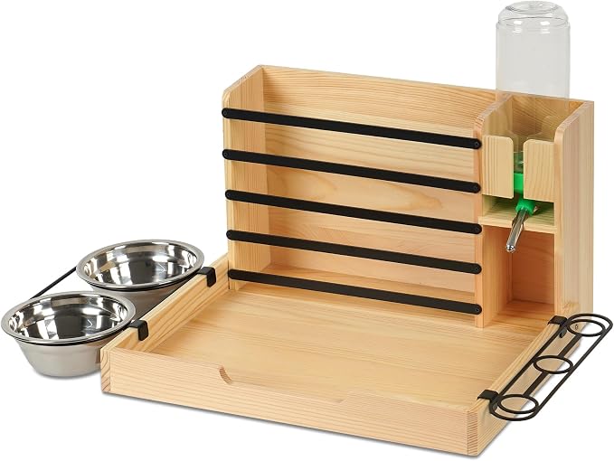 Rabbit Hay Feeder, 4 in 1 Wood Guinea Pig Hay Feeder Bunny Hay Holder with Litter Box 500ml Water Bottle 2 Food Bowl Small Animals Stuff for Cages for Chinchillas Hamster Dwarf Rabbit Ferrets