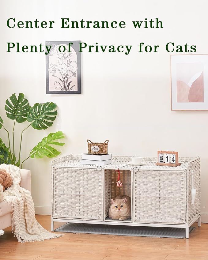 SETVSON Cat Litter Box Enclosure for 2 Cats, Hidden Litter Box Furniture with Mat, Large Rattan Cat House with Double Room and Door, 47.3 L x 19.7 W x 24 H, 2 S-Shaped Hooks for Living Room White