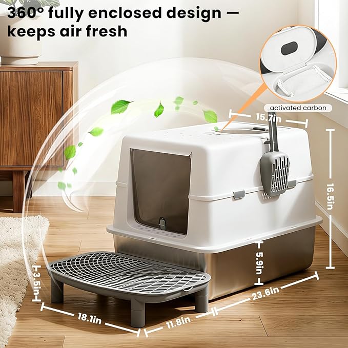 Extra Large Stainless Steel Cat Litter Box with 120° Lid for Multiple Cats, Enclosed Top Entry Litter Box High-Sided Anti-Leak Litter Box, Dog Proof Litter Boxes with Litter Step & Scoop