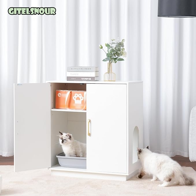 Gitelsnour Litter Box Enclosure, 30.9'' High Large Litter Box Furniture, Modern Cat Litter Box Enclosure with Hidden Storage, Side Table, End Table, White GCLB003WT