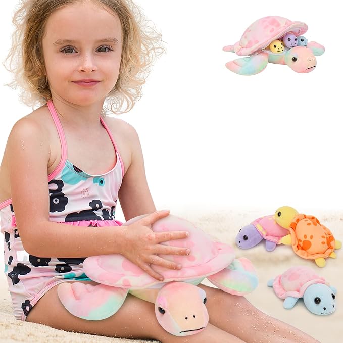 Muiteiur Turtle Stuffed Animals 4 Packs, Sea Turtle Plush Toy Set - Soft Mommy Stuffed Animal Turtle with 3 Babies, Cute Toys for Kids & Toddlers (Pink)