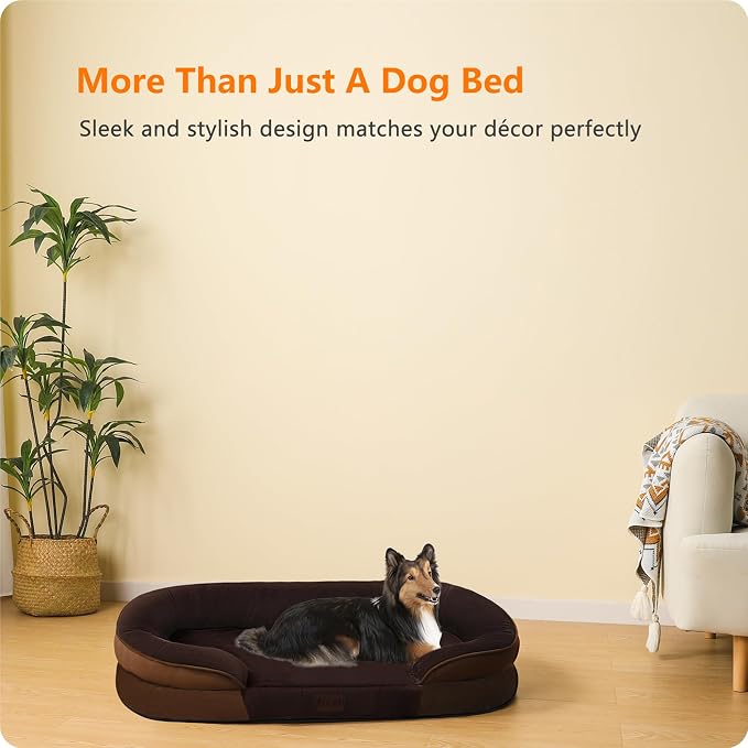 Dwanton Orthopedic Dog Bed for Large Dogs with Gel Memory Foam, Waterproof Dog Sofa, Washable Pet Bed with Four Sided Bolster Cushion, Removable Cover & Non-Slip Bottom, 38", Brown