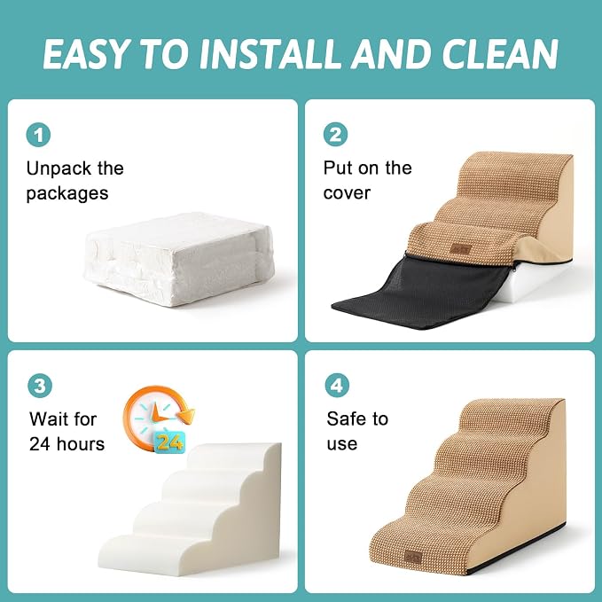 COZY KISS Dog Stairs for Small Dogs 15.7" H, Curved Dog Step for Puppy, Older Cat, Medium Pet Ramp for Sofa, Couch or Chair, Ladder with High Density Foam, 3 Step, 15.7x22.4x15.7 inch, Light Brown