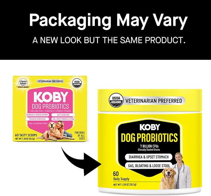 Koby Dog Probiotic Powder, 7B CFU with 8 Strains for Diarrhea, Sensitive Stomach & Gut Health, USDA Organic, Vet Developed, Bone Broth, 60 Scoops