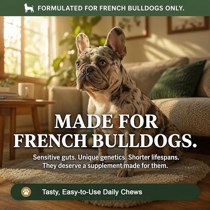 PawGuard French Bulldog Longevity Chews, Breed-Specific Formula for Gut Health, Skin & Coat, Immune System, Joint Mobility Pork Flavor, 60 Count Probiotics Chews (1 PC)