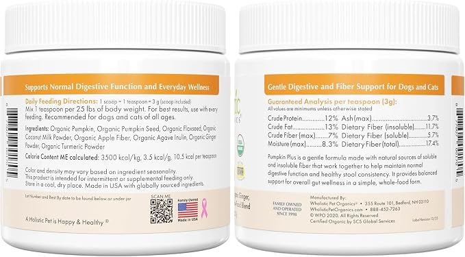 Wholistic Pet Organics Pumpkin Powder for Cats & Dogs - Fiber Supplement Helps with Digestion, Nutrient Absorption, Diarrhea, Constipation - Organic Pumpkin for Dogs & Cats - Puree Food Topper - 8 oz