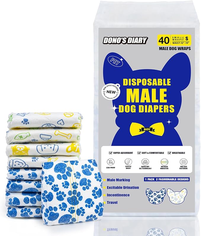 Dono Dog Diapers Male, Disposable Male Dog Wraps with Wetness Indicator, Leak-Proof Dog Belly Wraps, Rapid-Dry Gel Technology Doggie Puppy Diapers for Excitable Urination Incontinence, Small 60ct