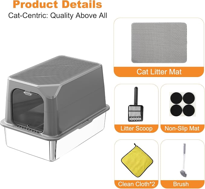 Extra Large Stainless Steel Cat Litter Box Enclosed with Lid - 23.6" x 15.7" x 16.5" Metal Cat Litter Box XXL, Front Entry High Side Kitty Litterbox with Scoop & Mat, Anti Leakage, No Sticky