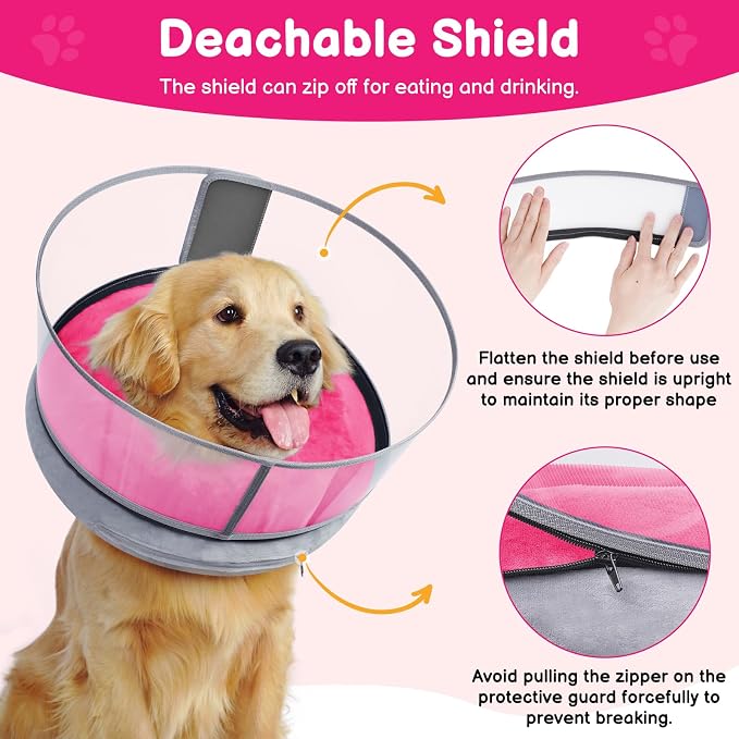 BARKLESS Dog Donut Collar, 2-in-1 Inflatable Dog Collars for After Surgery to Stop Licking Wounds, Patented Protective Donut Cone with High Shield for Small and Medium Pets (Hot Pink, M)