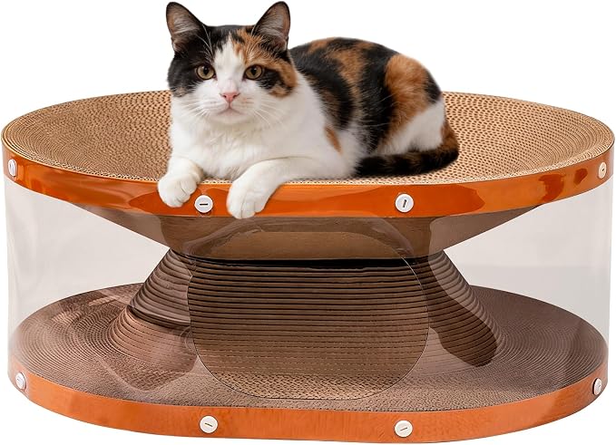 Homegroove Cat Scratcher Bed with Transparent Tunnel, 2-in-1 Cat Bed & Cardboard Scratcher for Indoor Cats, Multi-Level Cat Furniture with Curved Lounger and Play Tunnel (Wood, Regular)
