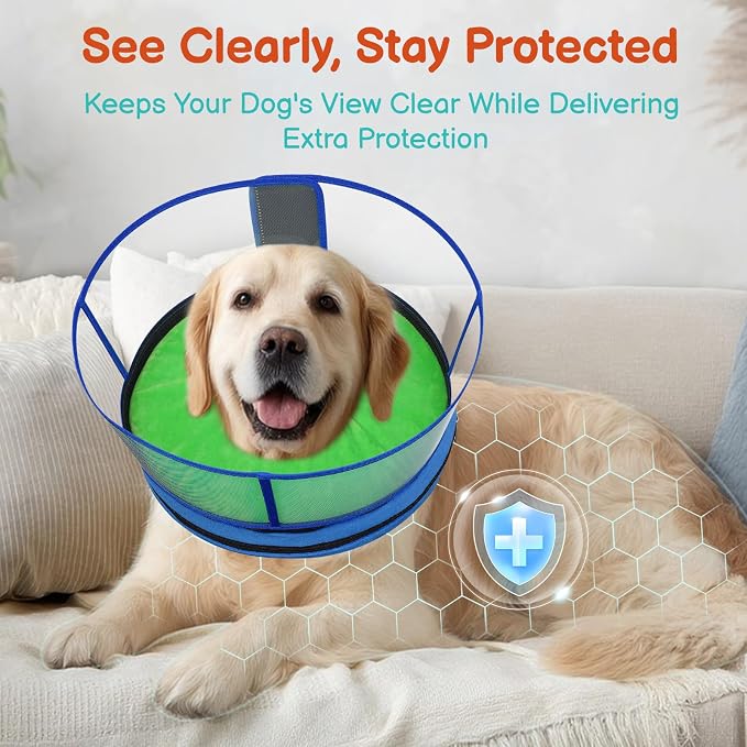 Sponge Dog Cone After Surgery, No Inflation Required Dog Donut Collar to Stop Licking, Inflatable Cone Alternatives for Large Pets, Soft Recovery Collar with Protective Shield (Green Blue, L)