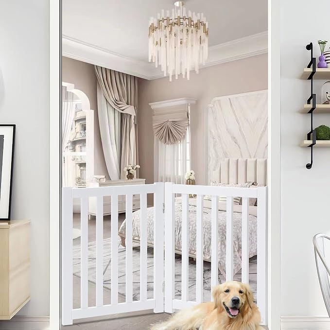 LZRS 2-Panel Wooden Free Standing Foldable Dog Gate Indoor – Solid Hardwood 24" High, Step-Over Safety Pet Gate for Doorways, Stairs & Small Spaces - Indoor Use, White