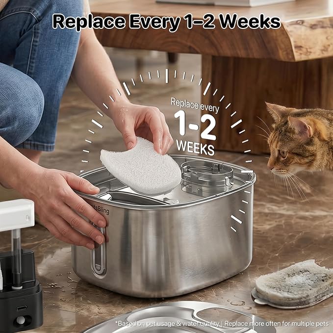 PartsBling Cordless Cat Water Fountain Stainless Steel, 4.2L/142oz Battery Operated Pet Fountain, Ultra Quiet Water Dispenser Cats&Dogs, 5000mAh Rechargeable, Easy to Clean, Includes 4 Filters, White